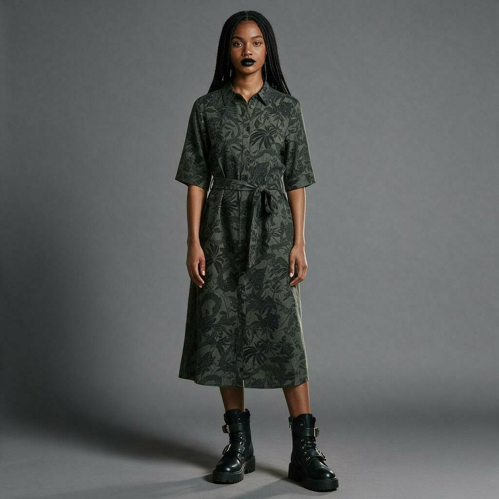 NWT Disturbia Bashe Cotton Midaxi Shirt Dress Green Snake Floral Print US 12